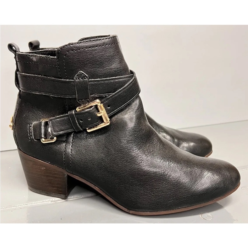 Coach Pauline Black Leather Ankle Side Zip Booties Gold Accents Sz 6B VGUC